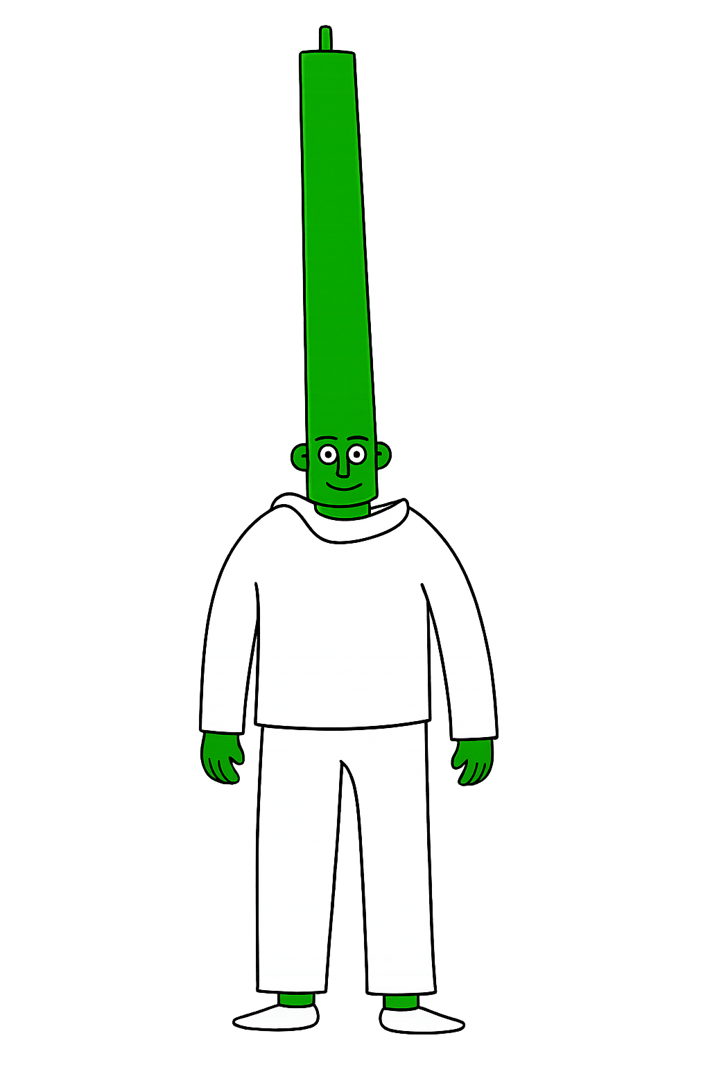 Tall Head Fred standing proud with a towering green candle head.
